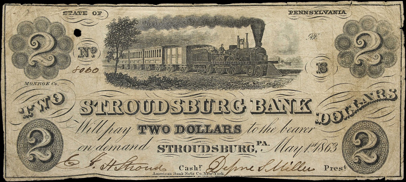 Stroudsburg, Pennsylvania. Stroudsburg Bank. 1863 $2. Very Good to Fine.

(PA-...