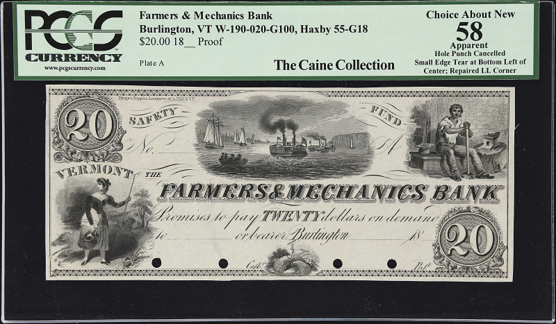 Burlington, Vermont. Farmers & Mechanics Bank. Haxby 55-G18, W-190-020-G100. 18x...