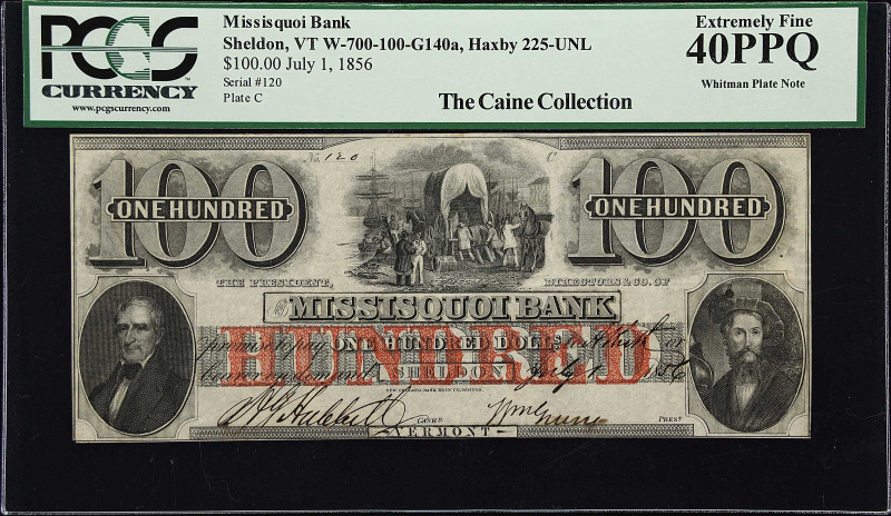 Sheldon, Vermont. Missisquoi Bank. Haxby 225-UNL, W-700-100-G140a. 1856 $100. PC...