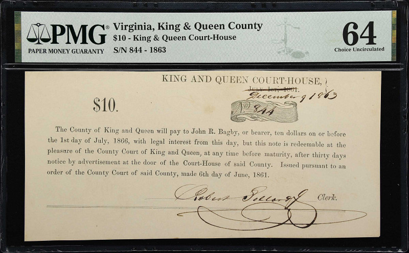 King & Queen County, Virginia. King & Queen Court-House. 1863 $10. PMG Choice Un...