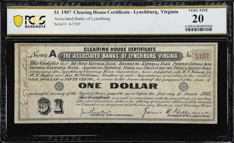 Lynchburg, Virginia. Clearing House Certificate. 1907. $1. PCGS Banknote Very Fi...