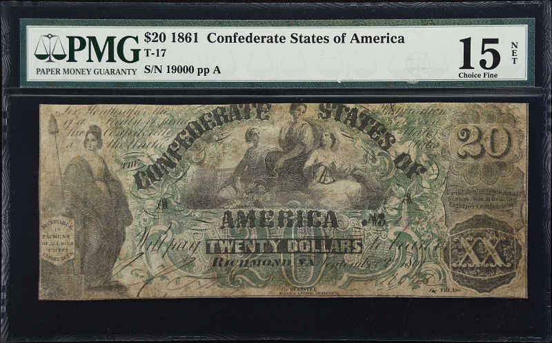 T-17. Confederate Currency. 1861 $20. PMG Choice Fine 15 Net.

No. 19000, Plat...