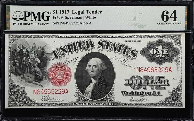 Fr. 39. 1917 $1 Legal Tender Note. PMG Choice Uncirculated 64.

A well centere...