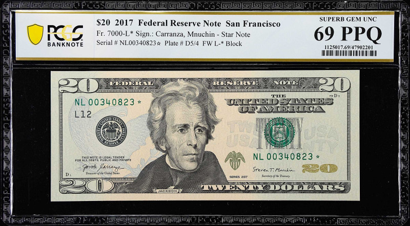 Fr. 7000-L*. 2017 $20 Federal Reserve Note Star Note. San Francisco. PCGS Bankno...