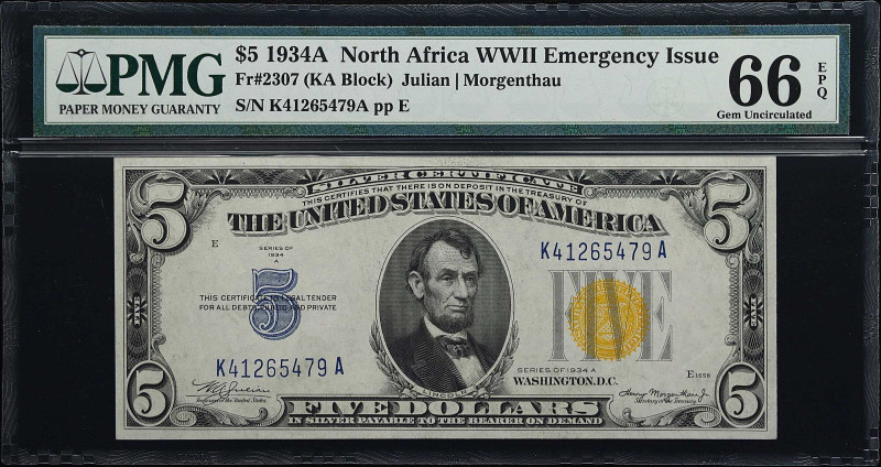 Fr. 2307. 1934A $5 North Africa Emergency Note. PMG Gem Uncirculated 66 EPQ.

...