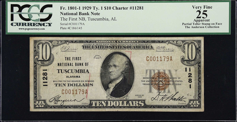 Tuscumbia, Alabama. $10 1929 Ty. 1. Fr. 1801-1. The First NB. Charter #11281. PC...