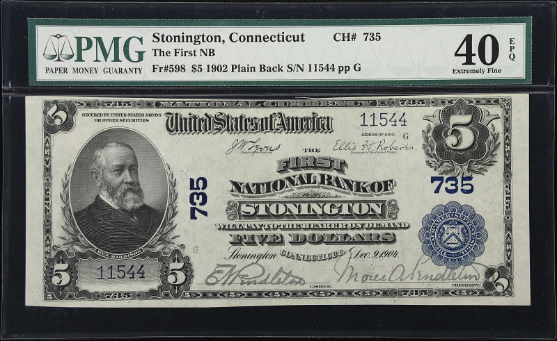 Stonington, Connecticut. $5 1902 Plain Back. Fr. 598. The First NB. Charter #735...