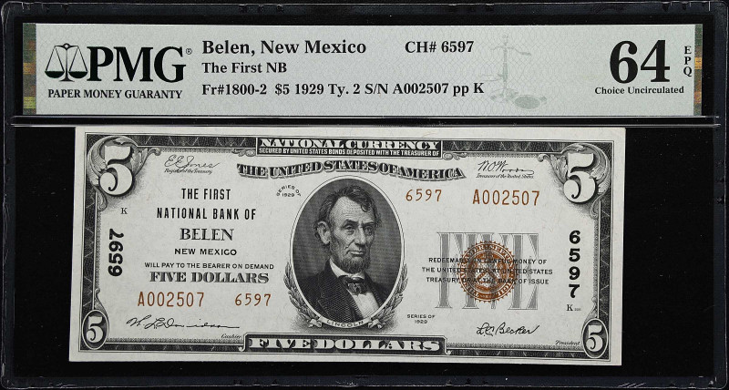 Belen, New Mexico. $5 1929 Ty. 2. Fr. 1800-2. The First NB. Charter #6597. PMG C...