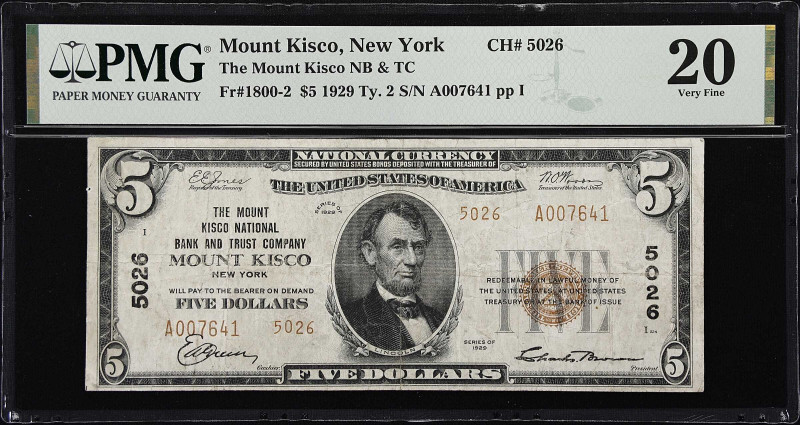 Mount Kisco, New York. 1929 Ty. 2 $5 Fr. 1800-2. The Mount Kisco NB & TC. Charte...