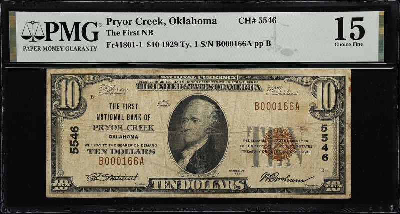 Pryor Creek, Oklahoma. $10 1929 Ty. 1. Fr. 1801-1. The First NB. Charter #5546. ...