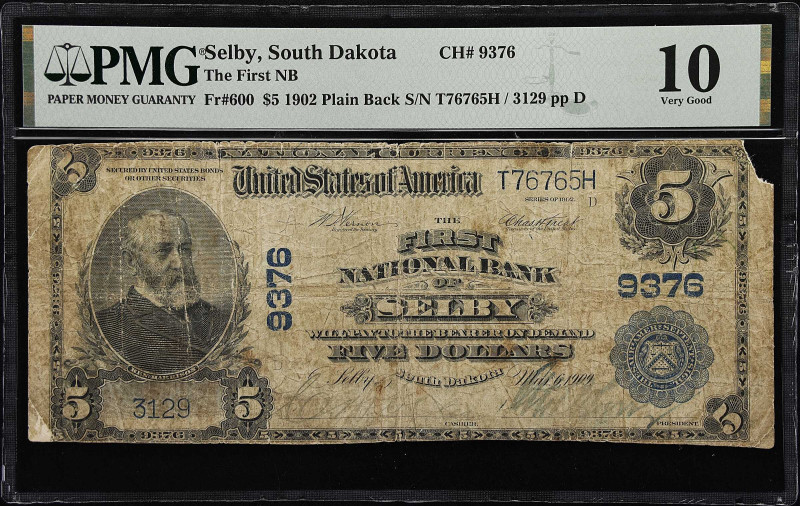 Selby, South Dakota. $5 1902 Plain Back. Fr. 600. The First NB. Charter #9376. P...