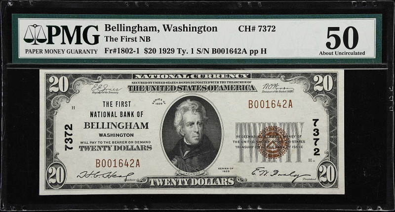 Bellingham, Washington. $20 1929 Ty. 1. Fr. 1802-1. The First NB. Charter #7372....