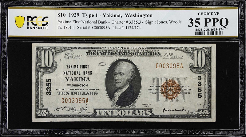 Yakima, Washington. $10 1929 Ty. 1. Fr. 1801-1. Yakima First NB. Charter #3355. ...