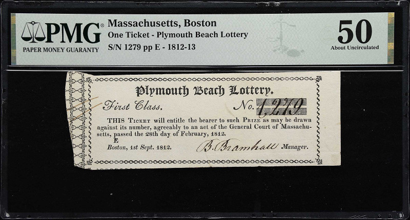 Boston, Massachusetts. Plymouth Beach Lottery Ticket. September 1, 1812. First C...