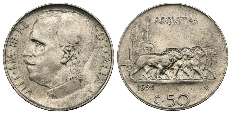 Vittorio Emanuele III (1900-1943) - 50 Centesimi Leoni 1921 - C/ liscio - Ni - G...