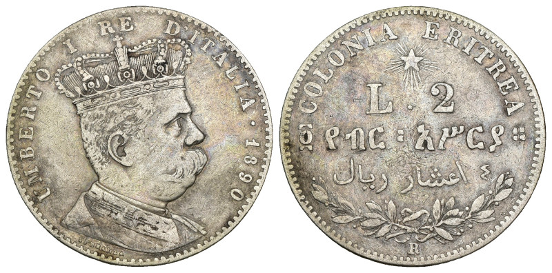 Eritrea Italiana - Umberto I (1890-1896) - 2 Lire 1890 - RARA - Ag - Gig. 4 segn...