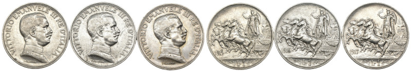 Vittorio Emanuele III (1900-1943) - lotto di 3 monete da 1 lira Quadriga Briosa ...