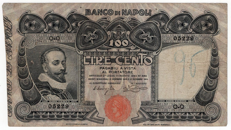 Banco di Napoli - 100 Lire "Tasso" - Emissione: 13/12/1914 - Firme: Miraglia/Man...