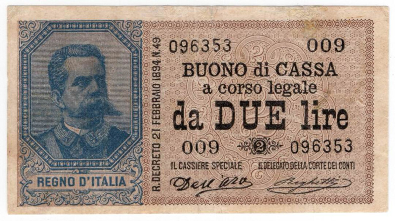 Regno d'Italia - Umberto I - Buono di Cassa da 2 Lire - 22/02/1894 - MOLTO RARA ...