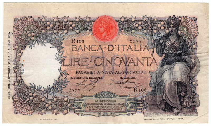 Regno d'Italia - Vittorio Emanuele III - 50 Lire Capranesi Buoi - 04/10/1918 - M...