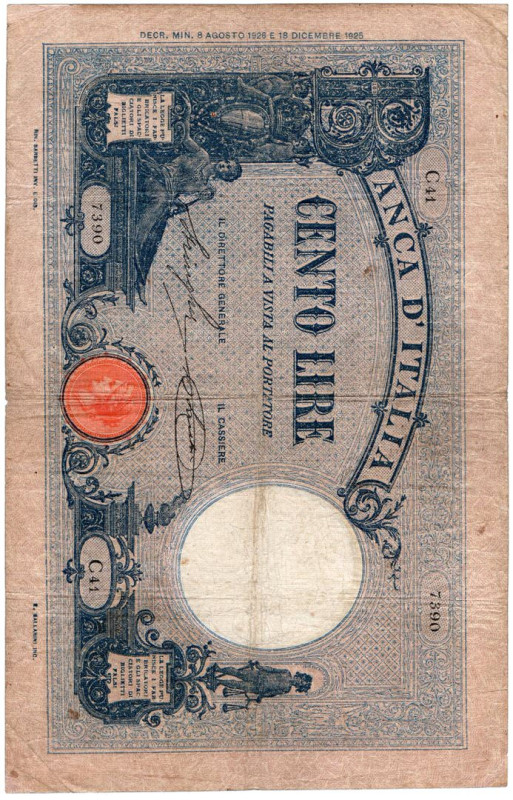 Regno d'Italia - Vittorio Emanuele III - 100 Lire Barbetti Azzurro (Decreto)- 08...