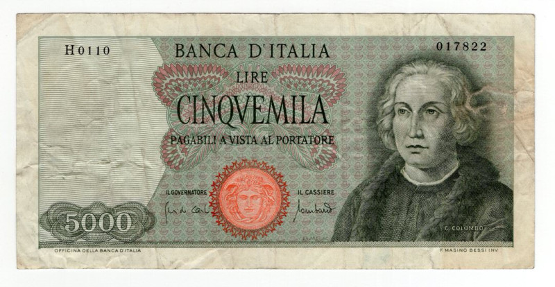 Repubblica Italiana - 5000 Lire "Colombo" I°Tipo - Firme: Carli/Lombardo - Emiss...