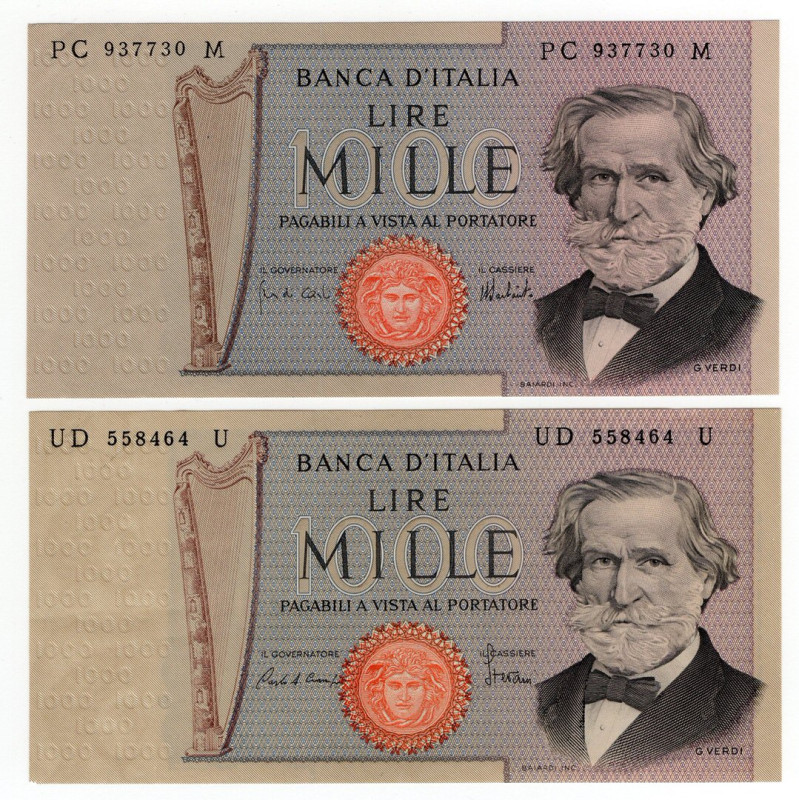 Repubblica Italiana - Lotto n.2 Banconote composto da 1000 Lire "Verdi II°Tipo" ...