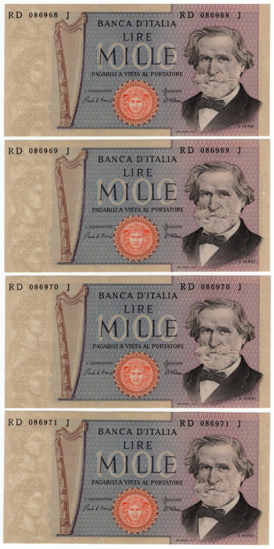 Repubblica Italiana - Lotto n.4 banconote 1000 Lire "Verdi II°Tipo" - CONSECUTIV...