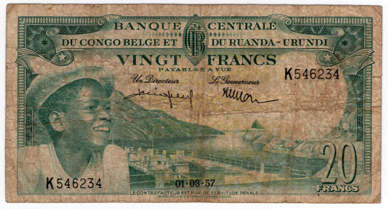 Congo Belga e Ruanda/Urundi - 20 Franchi 1957 - P#31 - Pieghe, macchie

MB/BB...