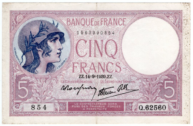 Francia - 5 Franchi "Violet modificato" 1939 - P#83 - Pieghe, macchie

BB

S...