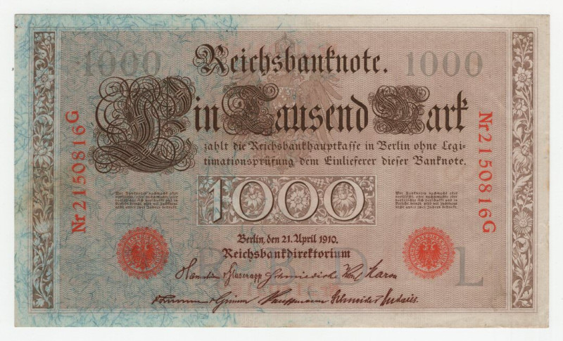 Germania - Reichsbanknote - 1000 Marchi 1910 - P# 44b - pieghe leggere, piccole ...