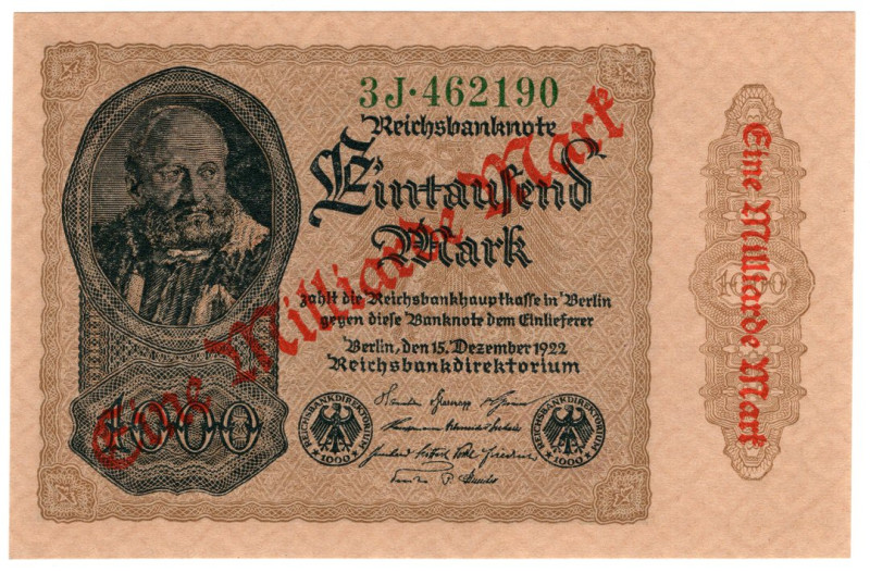 Germania - 1 Miliardo di Marchi 1923 - Sovrastampa su 1000 Mark P#113 

qSPL
...