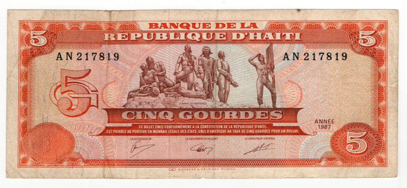 Haiti - terza repubblica (dal 1986) - 5 Gourdes - emissione del 1987 - N°serie: ...