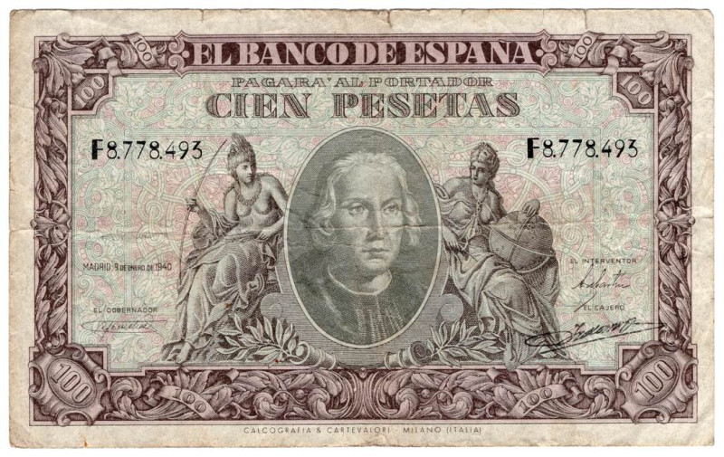 Spagna - Francisco Franco (1936-1975) - 100 Pesetas 1940 - P# 118 - pieghe, mach...