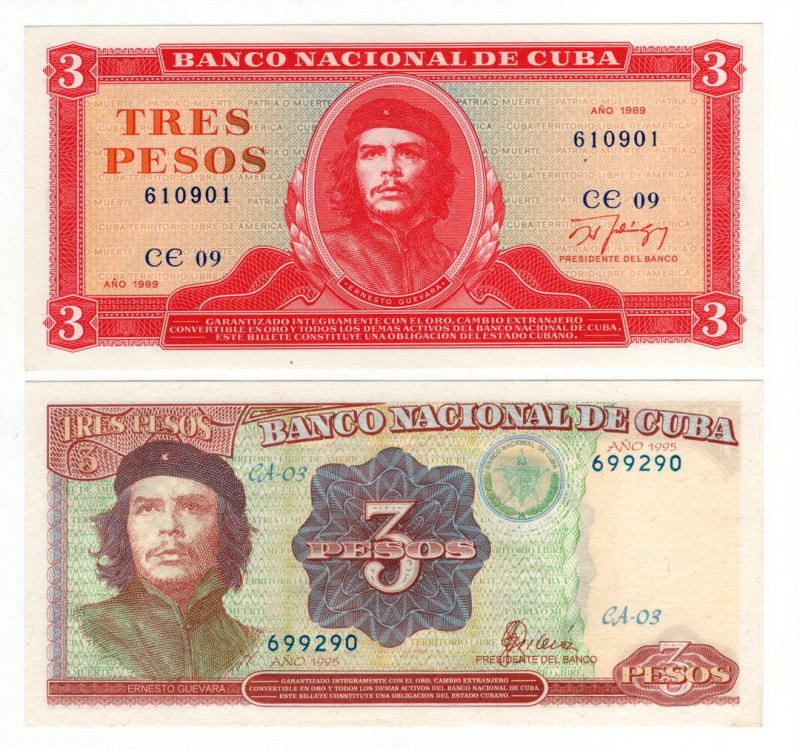 Cuba - Lotto n.2 Banconote - Composto da: 3 Pesos 1989 e 3 Pesos 1995 - P#107, 1...