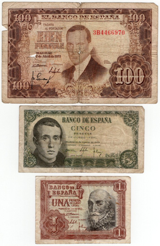 Spagna - Lotto 3 banconote da 100 Pesetas 1953, 5 Pesetas 1951 e 1 Peseta 1953
...