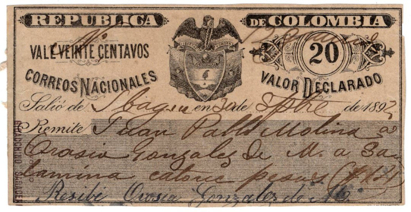 Colombia - Certificazione di valore dichiarato da 20 Centavos 1892 (Queste inter...