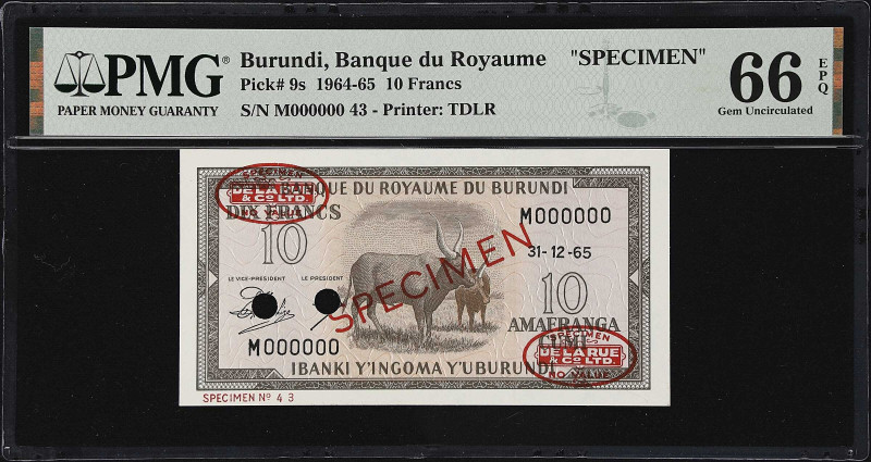 BURUNDI. Banque du Royaume. 10 Francs, 1965. P-9s. Specimen. PMG Gem Uncirculate...