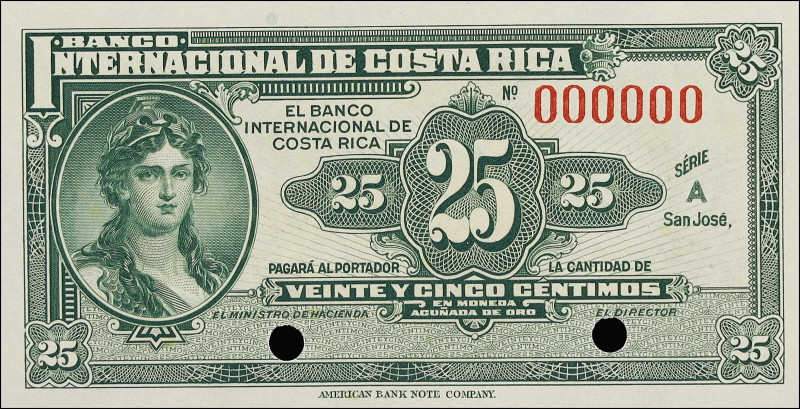 COSTA RICA. Banco Internacional de Costa Rica. 25 Centimos, ND (1918-19). P-156s...