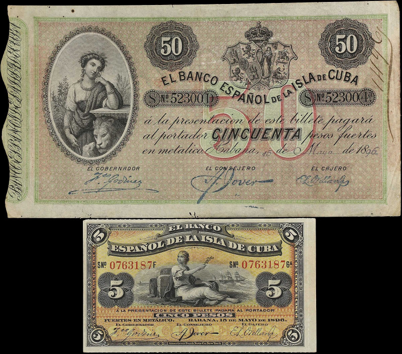 CUBA. Lot of (2). Banco Espanol de la Isla de Cuba. 5 & 50 Pesos, 1896. P-48b & ...