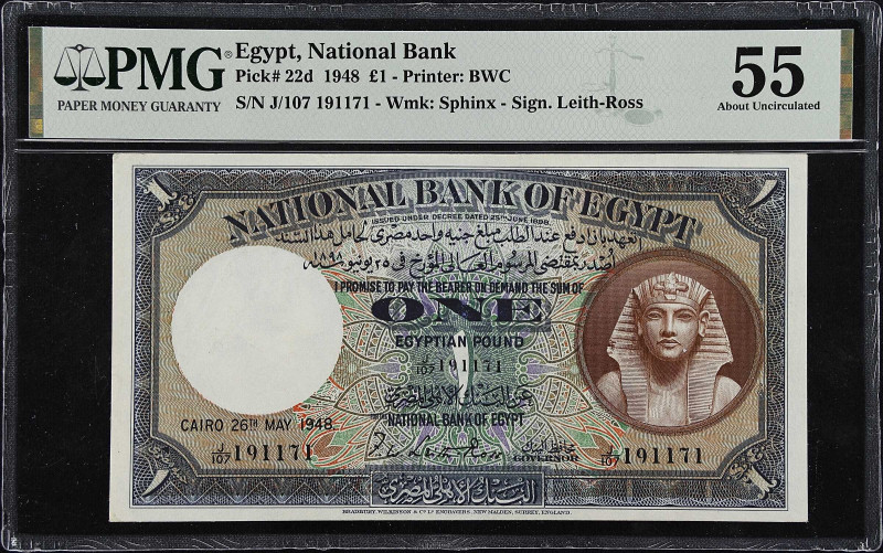 EGYPT. Lot of (2). National Bank of Egypt. 1 Pound, 1948. P-22d. PMG About Uncir...