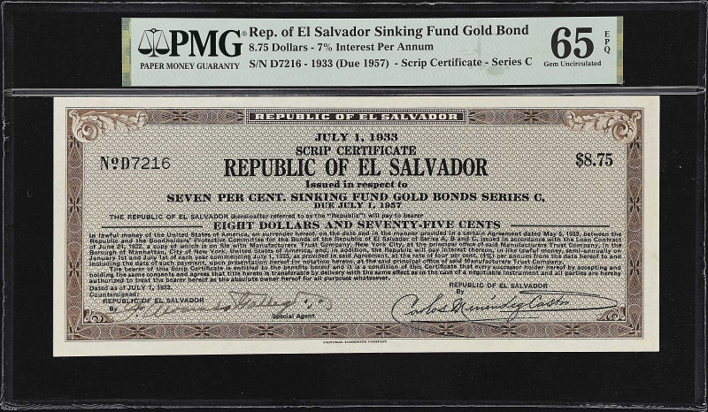 EL SALVADOR. Republic of El Salvador Sinking Fund Gold Bond. 8.75 Dollars-7% Per...