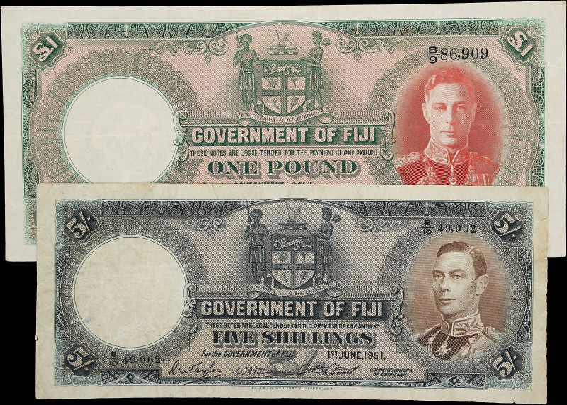 FIJI. Lot of (2). Government of Fiji. 1 Pound & 5 Shillings, 1951. P-37k & 40f. ...