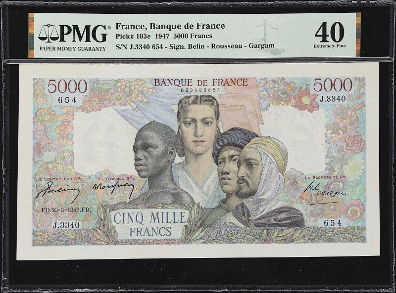 FRANCE. Banque de France. 5000 Francs, 1947. P-103e. PMG Extremely Fine 40.

E...