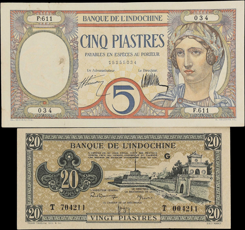 FRENCH INDO-CHINA. Lot of (2). Banque de l'Indochine. 5 & 20 Piastres, ND. P-49b...