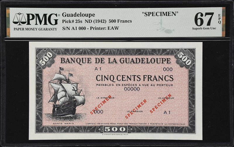 GUADELOUPE. Banque de la Guadeloupe. 500 Francs, ND (1942). P-25s. Specimen. PMG...