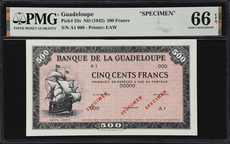 GUADELOUPE. Banque de la Guadeloupe. 500 Francs, ND (1942). P-25s. Specimen. PMG...