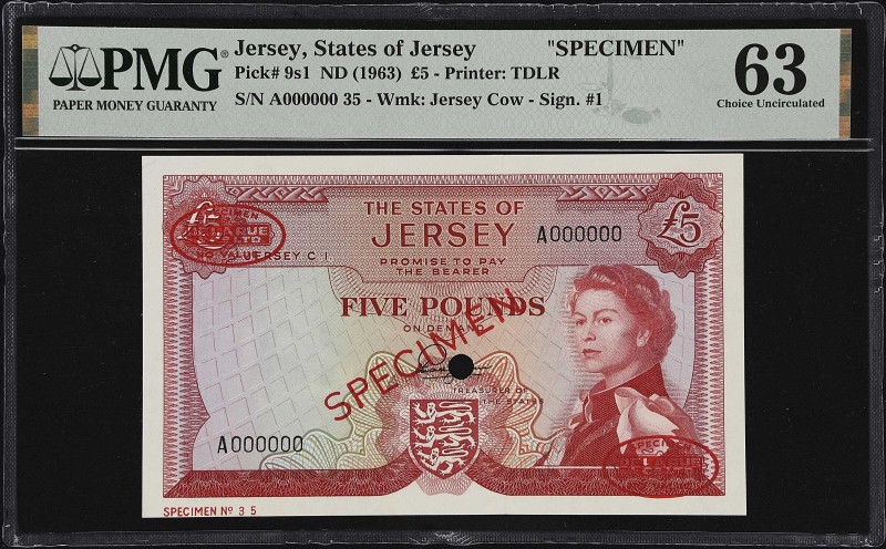 JERSEY. Treasury of the States of Jersey. 5 Pounds, ND (1963). P-9s1. Specimen. ...