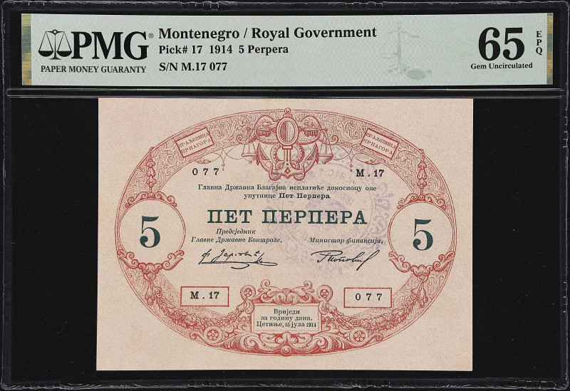 MONTENEGRO. Kraljevina Crnagora. 5 Perpera, 1914. P-17. PMG Gem Uncirculated 65 ...