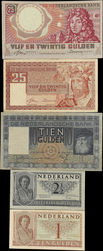 NETHERLANDS. Lot of (5). Nederlandsche Bank & Muntbiljet. 1, 2 1/2, 10 & 25 Guld...